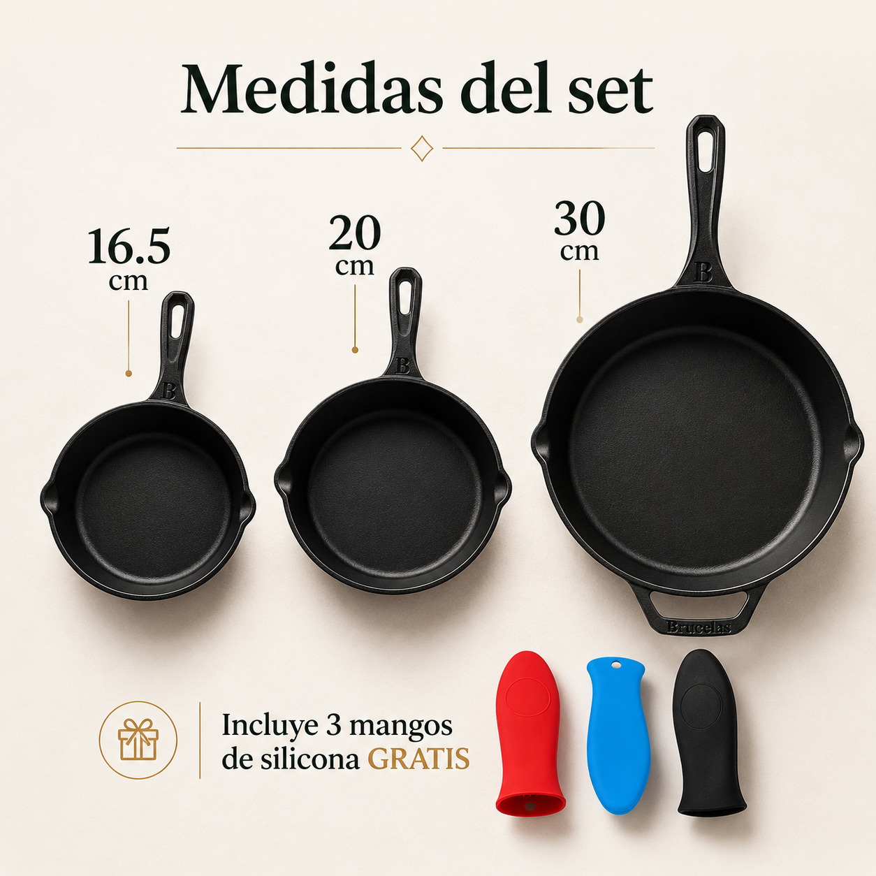 Set de 3 Sartenes de Hierro Esmaltado (16.5 | 20 | 30cm) + 3 Mangos de Silicona GRATIS