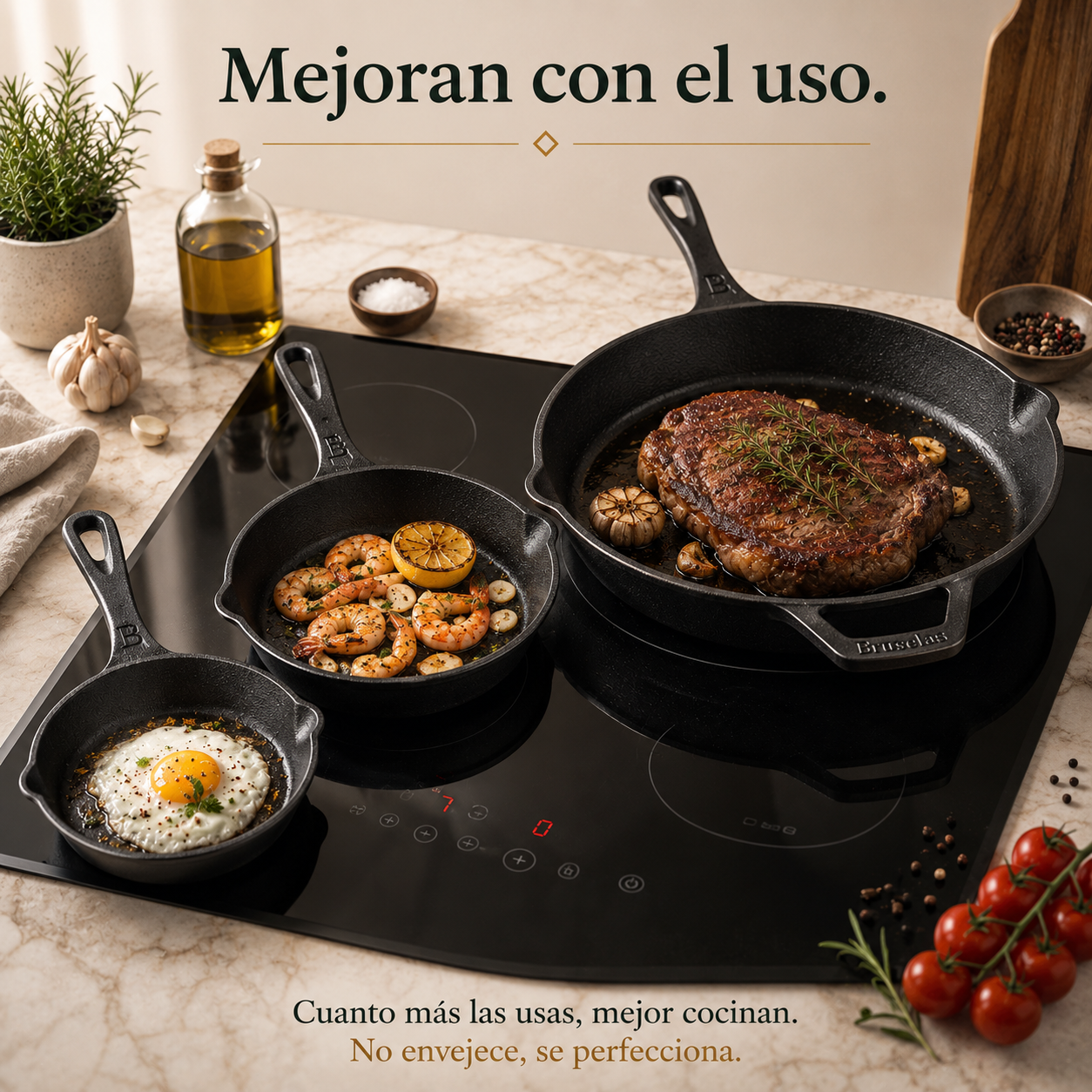 Set de 3 Sartenes de Hierro Esmaltado (16.5 | 20 | 30cm) + 3 Mangos de Silicona GRATIS