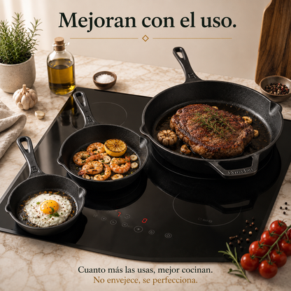Set de 3 Sartenes de Hierro Esmaltado (16.5 | 20 | 30cm) + 3 Mangos de Silicona GRATIS