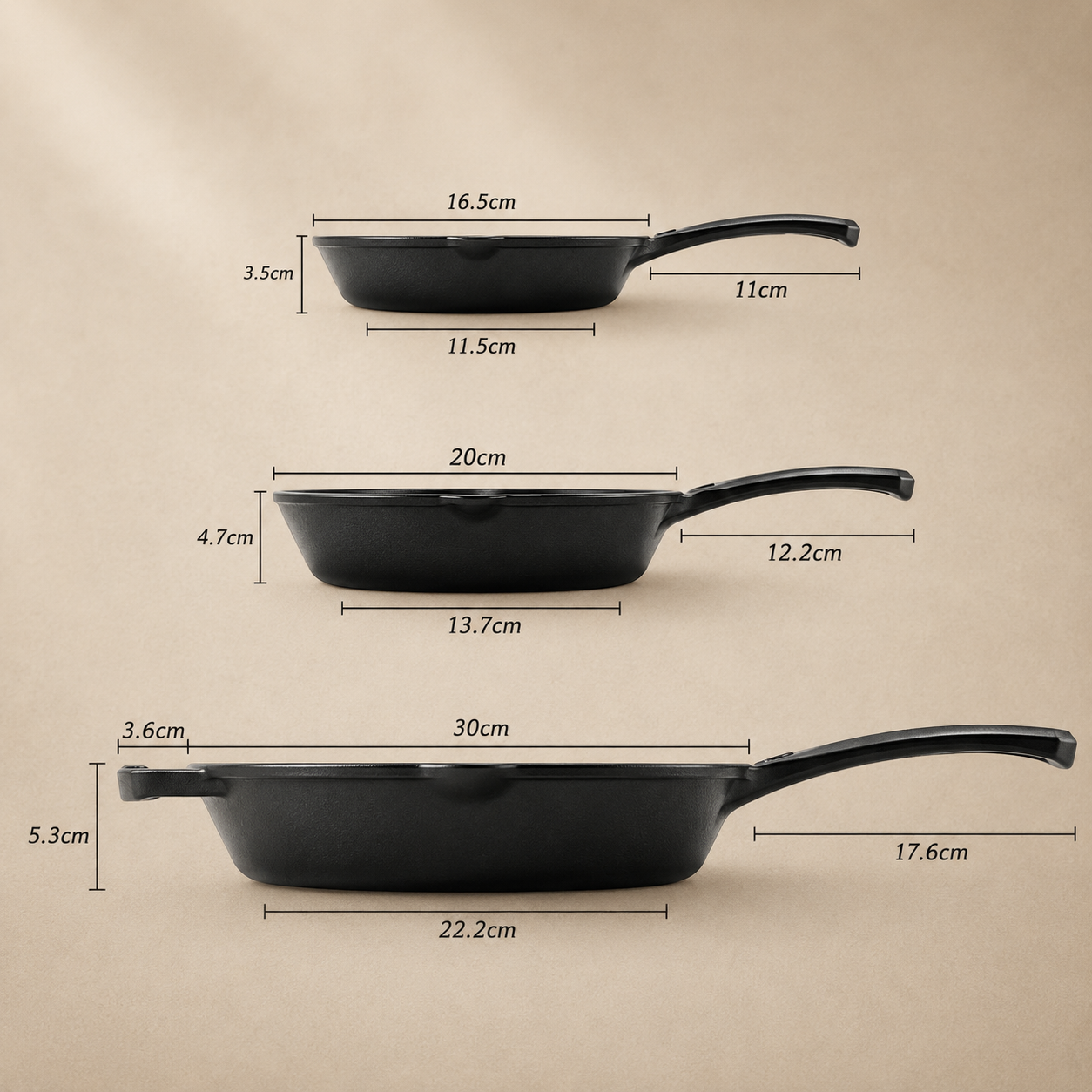 Set de 3 Sartenes de Hierro Esmaltado (16.5 | 20 | 30cm) + 3 Mangos de Silicona GRATIS