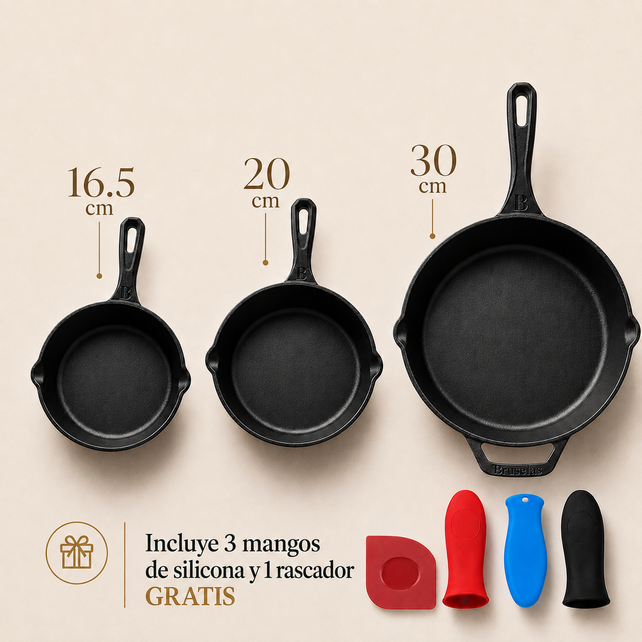 Set de 3 Sartenes de Hierro Esmaltado (16.5 | 20 | 30cm) + 3 Mangos de Silicona, y Rascador GRATIS