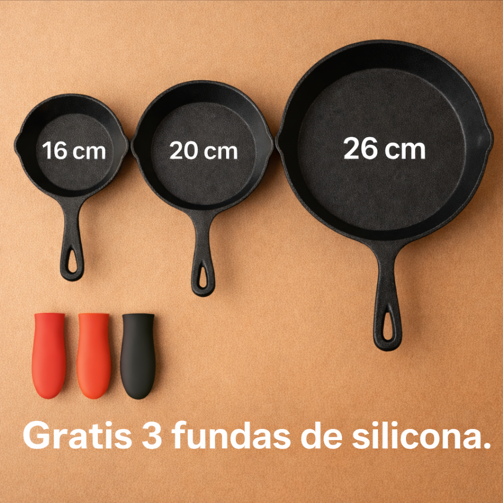 Set X3 Sartenes Hierro + Gratis 3 Fundas de Silicona