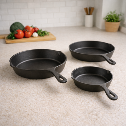 Set X3 Sartenes Hierro + Gratis 3 Fundas de Silicona