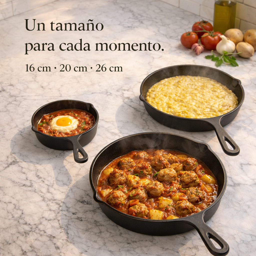 Set X3 Sartenes Hierro + Gratis 3 Fundas de Silicona