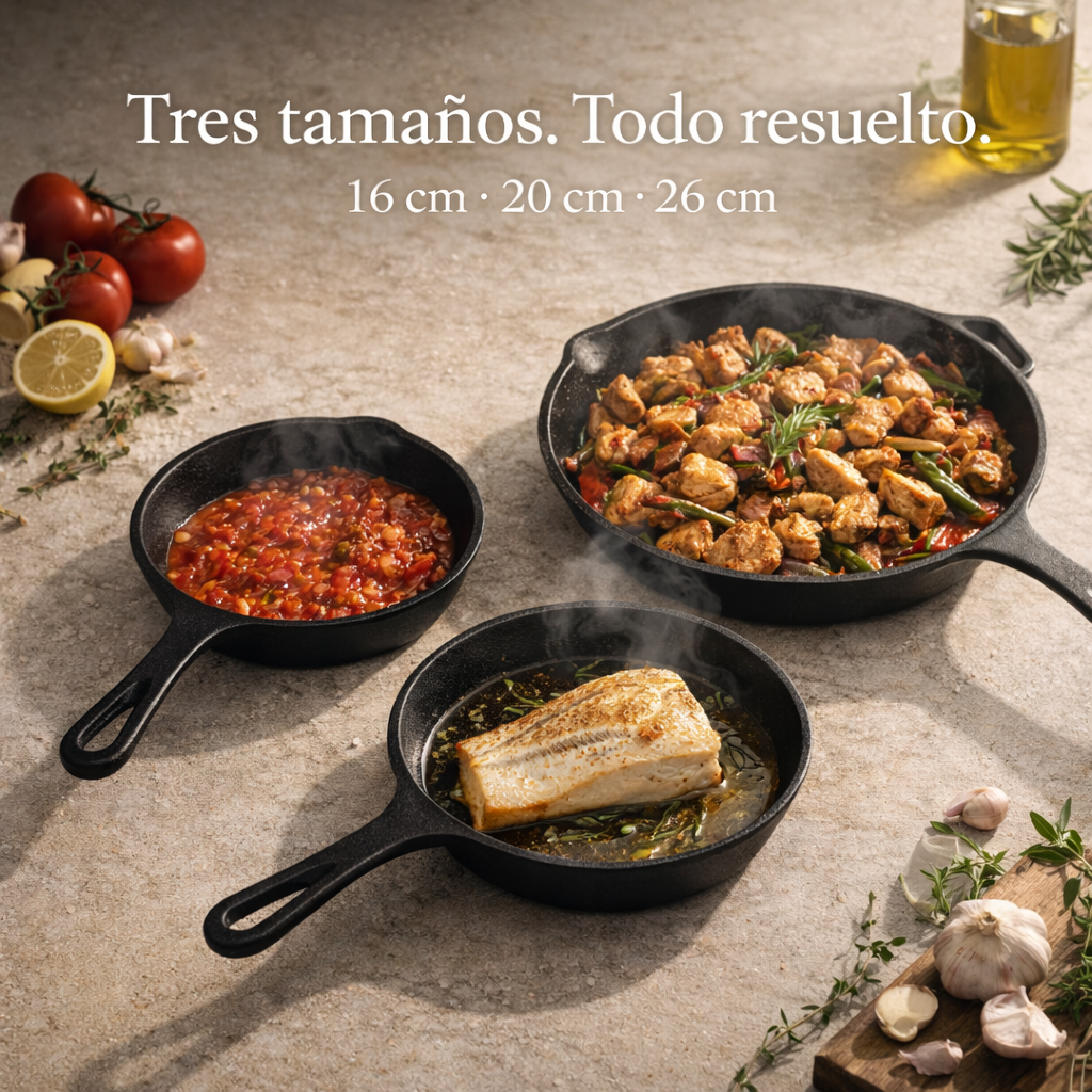 Set X3 Sartenes Hierro + Gratis 3 Fundas de Silicona