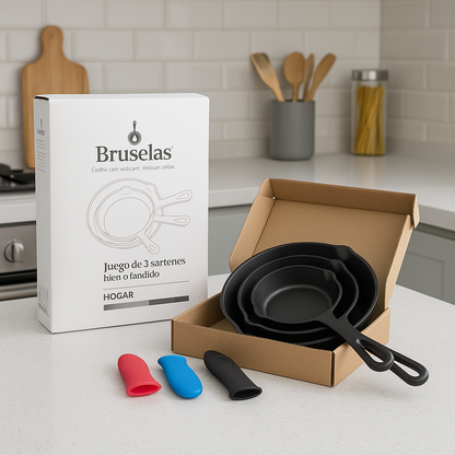 Set X3 Sartenes Hierro Fundido Esmaltado + Obsequio Fundas de Silicona