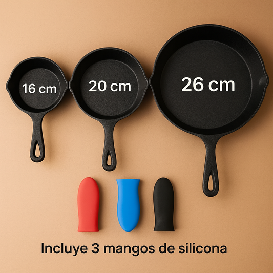 Set X3 Sartenes Hierro Fundido Esmaltado + Obsequio Fundas de Silicona