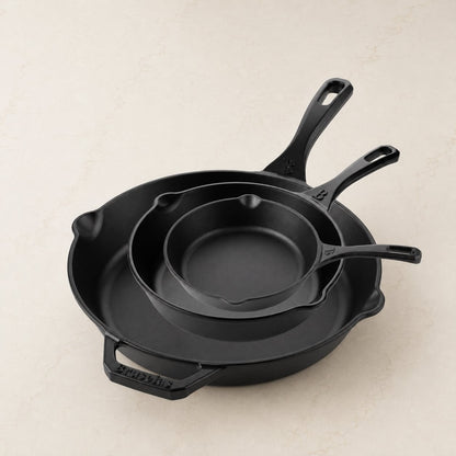 Set de 3 Sartenes de Hierro Esmaltado (16.5 | 20 | 30cm) + 3 Mangos de Silicona GRATIS