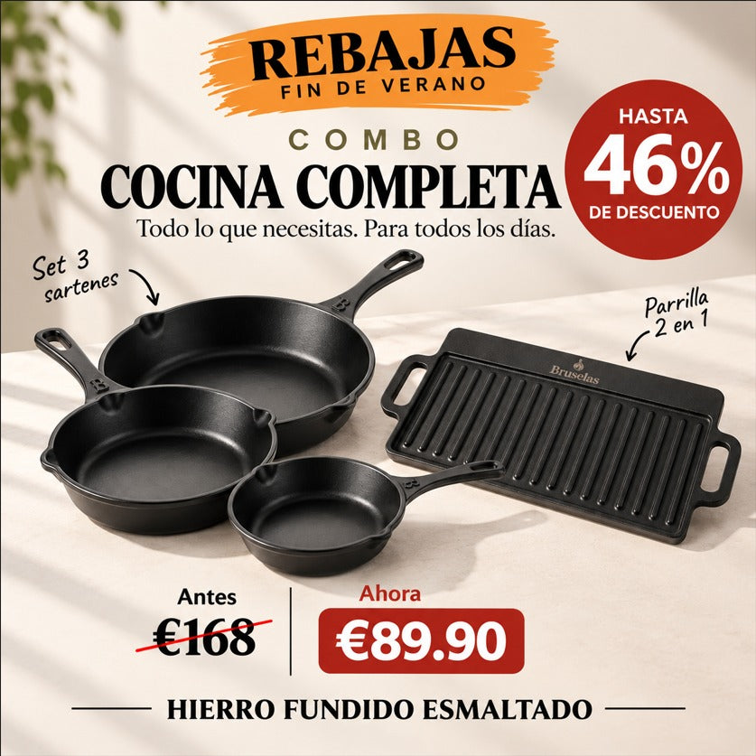 Combo Cocina Completa: Set de 3 Sartenes + Parrilla 2 en 1